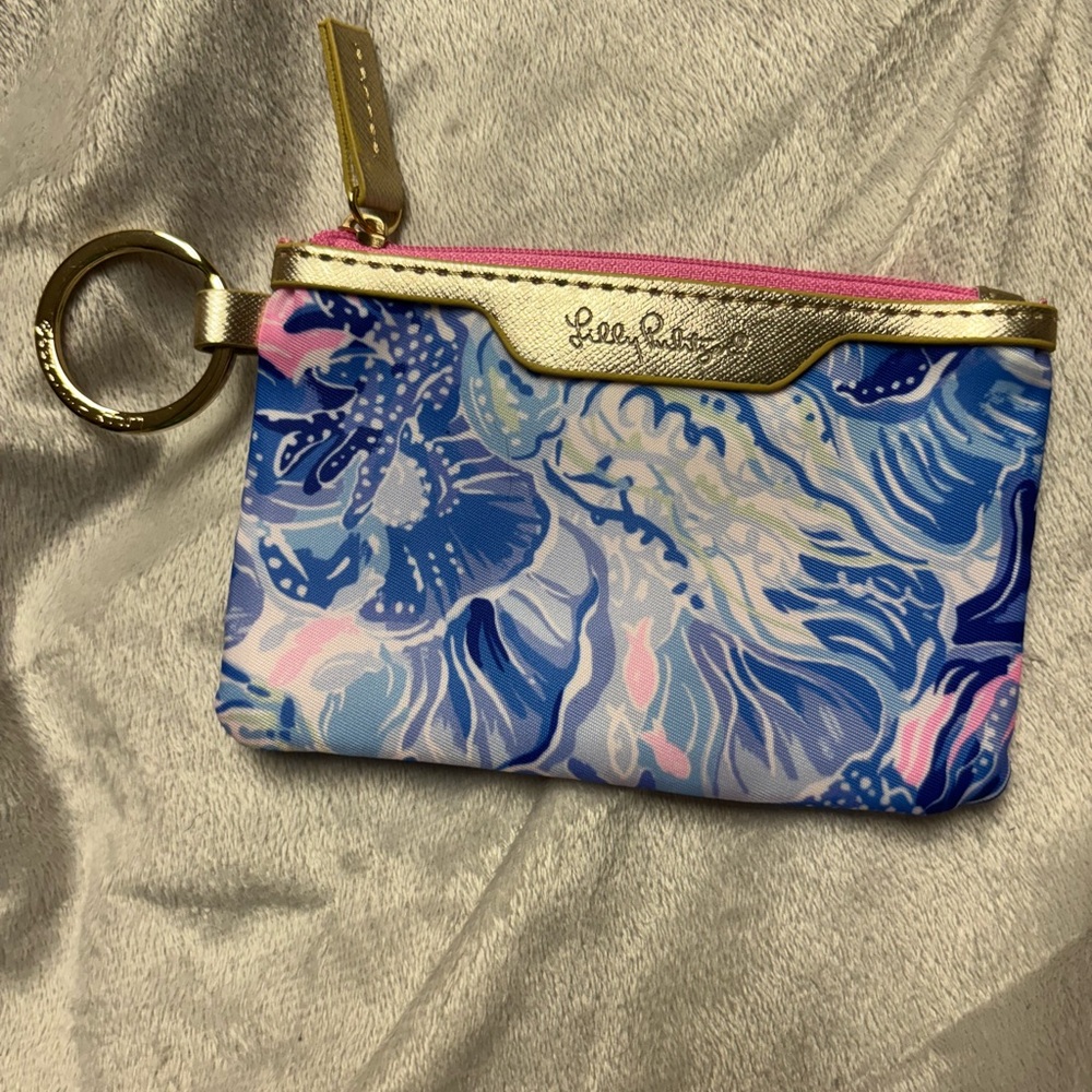 New Lilly Pulitzer Vibrant Blue and Pink Keychain Wallet ID Holder